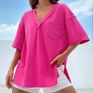 SHEIN Fuchsia V-Neck Short Sleeve Tee